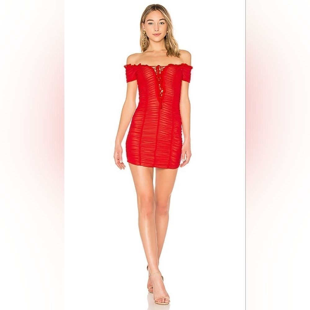 Majorelle Red Raquel Babydoll Mini Dress Off‎ Shoulder Lace Up Ruched Red Small